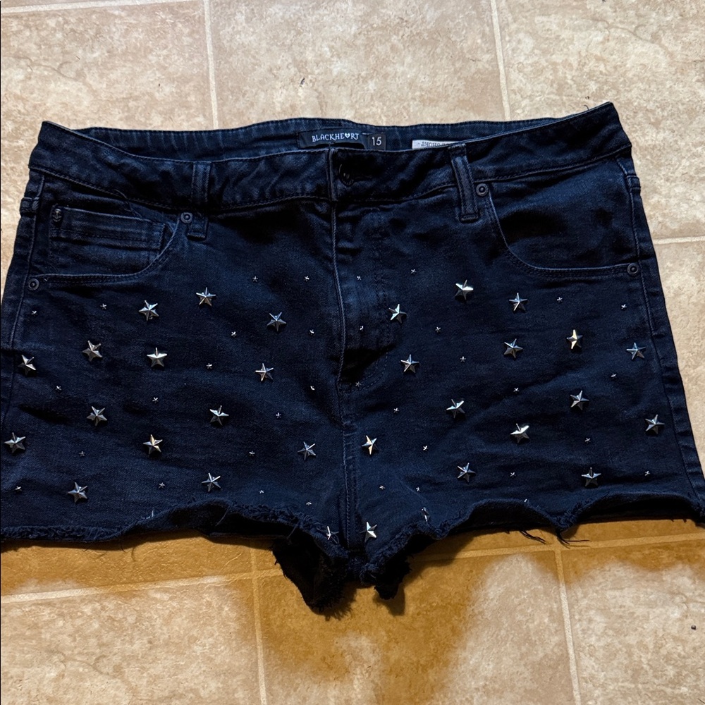 Black heart low rise denim faded black star studded shorts